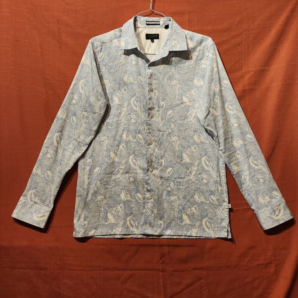 Ted Baker Sz 3/Medium Pale Blue Mens Hand Drawn Bird Print Button Up Dress Shirt
